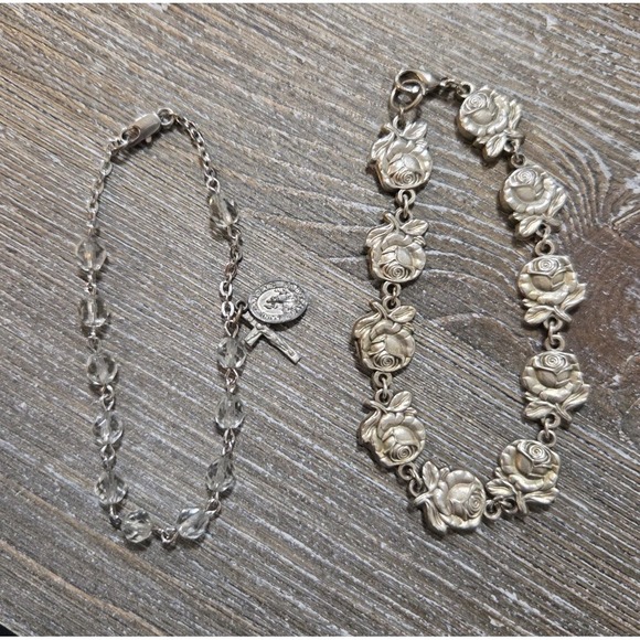 Jewelry - Pair Of Catholic Bracelets In Silver Tone With Roses, Saints, and Crucifix